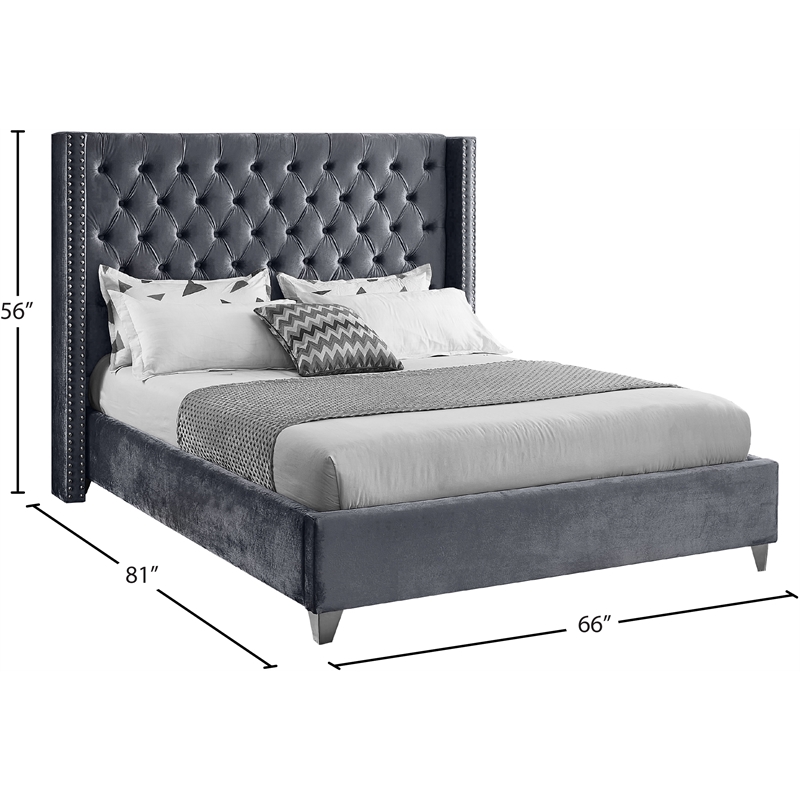 Meridian Furniture Aiden Solid Wood Tufted Velvet Wing Back Full Bed in Gray