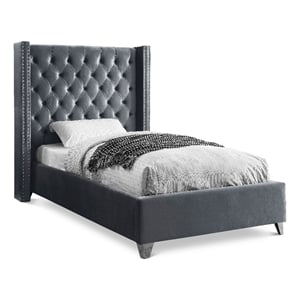 Meridian Furniture Aiden Solid Wood Tufted Velvet Wing Back Twin Bed in Gray