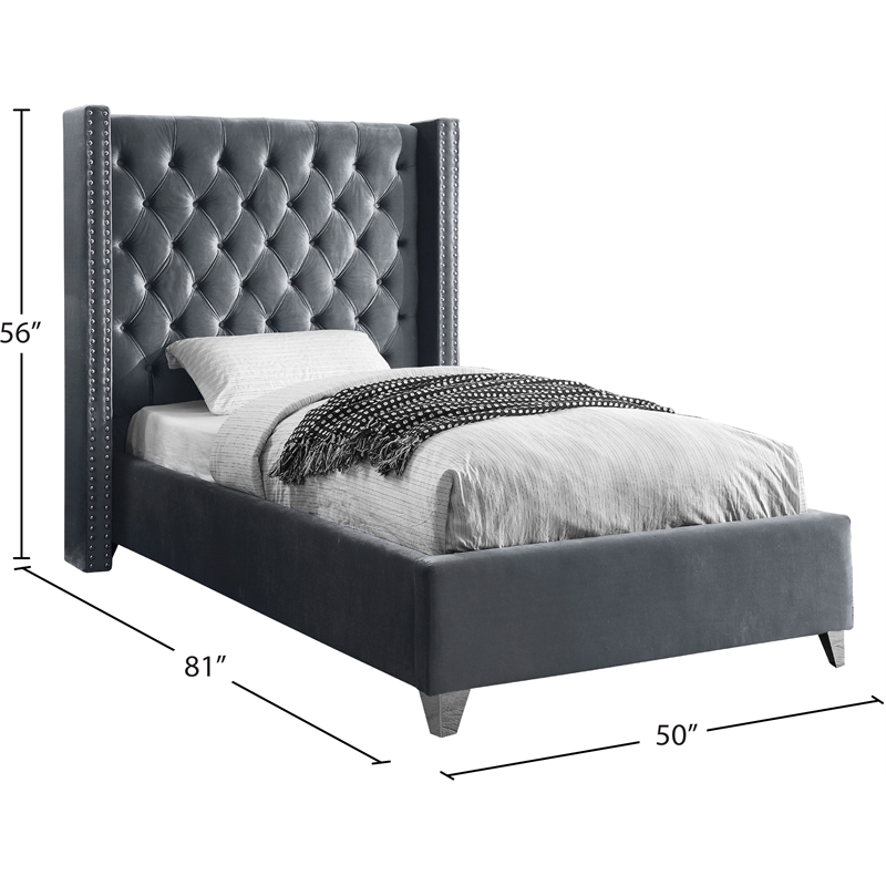 Meridian Furniture Aiden Solid Wood Tufted Velvet Wing Back Twin Bed in Gray