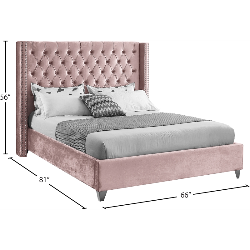 Meridian Furniture Aiden Solid Wood Tufted Velvet Wing Back Full Bed in Pink
