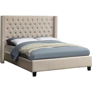 Meridian Furniture Ashton Solid Wood Linen Wing Back Full Bed in Beige