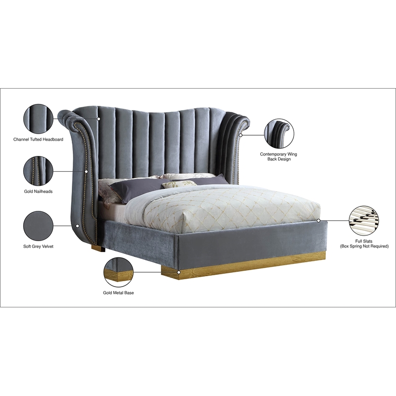 Meridian Furniture Flora Solid Wood and Velvet Queen Bed in Gray