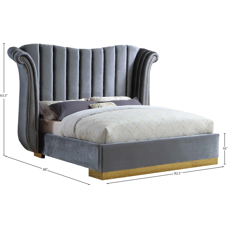 Meridian Furniture Flora Solid Wood and Velvet Queen Bed in Gray