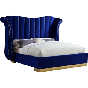 Meridian Furniture Flora Solid Wood and Velvet King Bed in Navy