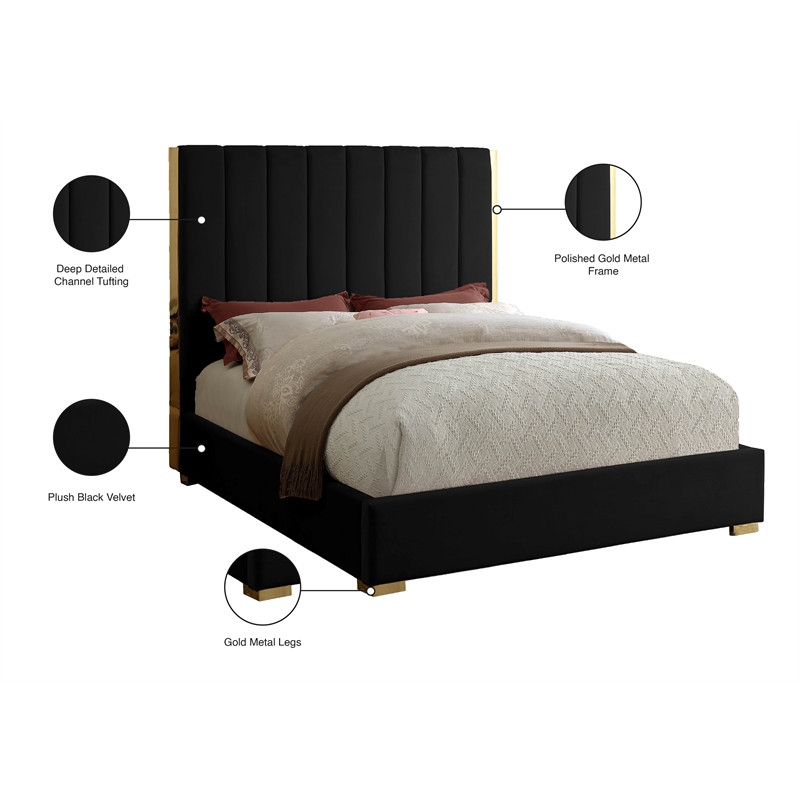 Meridian Furniture Becca Metal and Velvet Upholstered Full Bed in Black/Gold