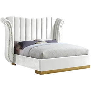 Meridian Furniture Flora Solid Wood and Velvet Queen Bed in White