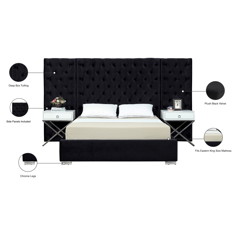 Meridian Furniture Grande Solid Wood and Velvet King Bed in Black