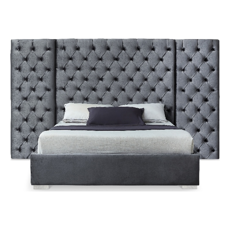 Meridian Furniture Grande Solid Wood and Velvet King Bed in Gray