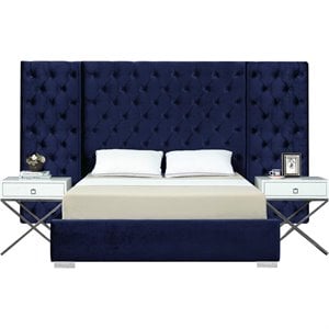 Meridian Furniture Grande Solid Wood and Velvet Queen Bed in Navy