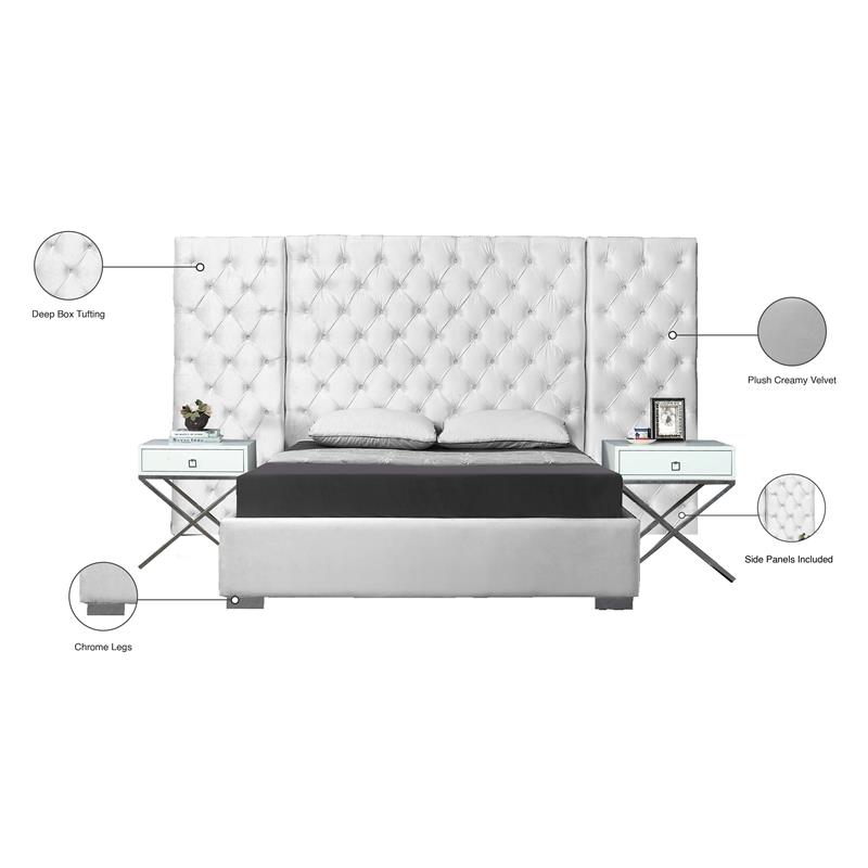Meridian Furniture Grande Solid Wood and Velvet Queen Bed in White