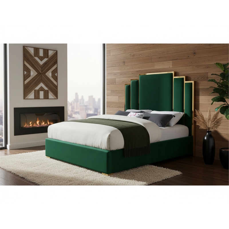Meridian Furniture Hugos Green Velvet Queen Bed