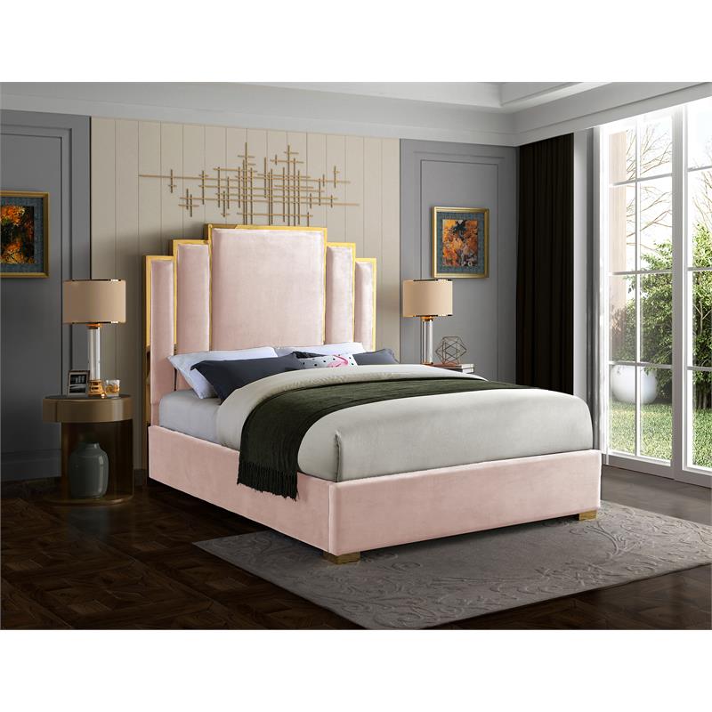 Meridian Furniture Hugos Pink Velvet Queen Bed