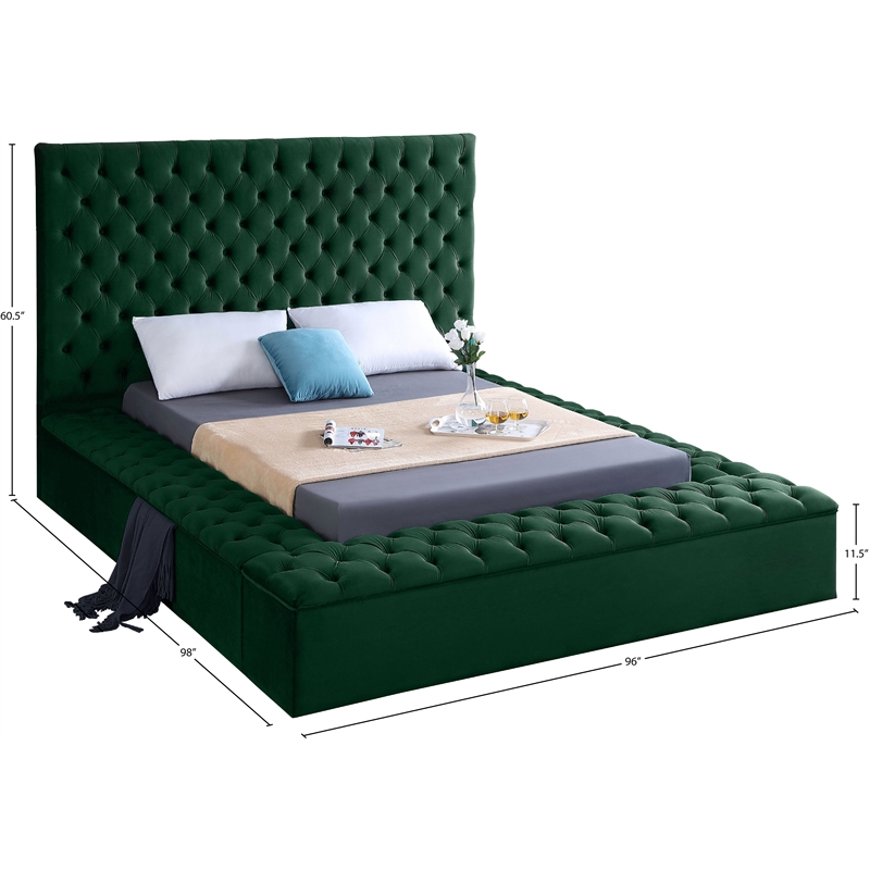 Meridian Furniture Bliss Solid Wood Tufted Velvet King Bed in Green