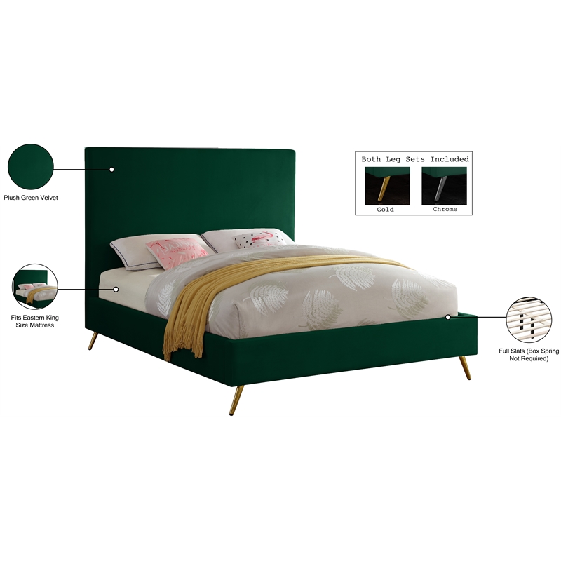 Meridian Furniture Jasmine Contemporary Velvet King Bed in Green