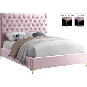 Meridian Furniture Cruz Solid Wood Tufted Velvet Full Bed in Pink