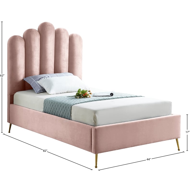 Meridian Furniture Lily Solid Wood and Tufted Velvet Twin Bed in Pink