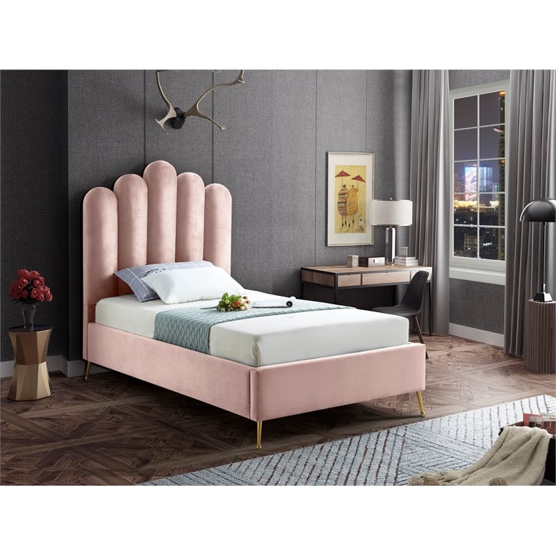 Meridian Furniture Lily Solid Wood and Tufted Velvet Twin Bed in Pink