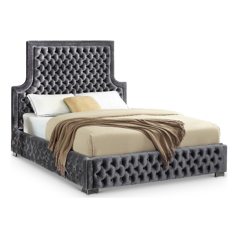 Meridian Furniture Sedona Rich Velvet Queen Bed in Gray