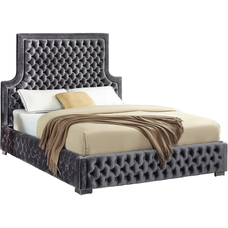 Meridian Furniture Sedona Rich Velvet Queen Bed in Gray