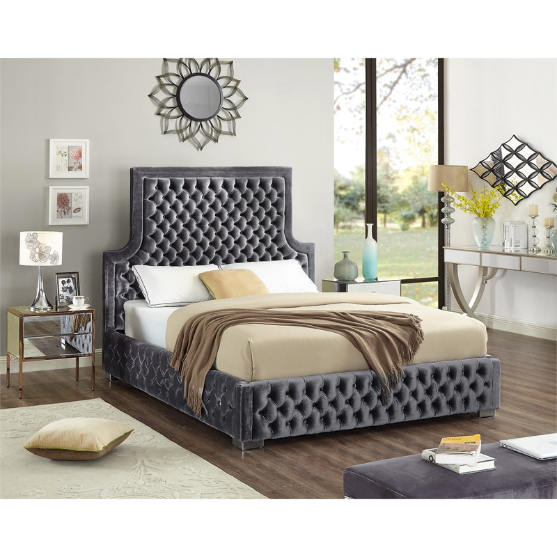 Meridian Furniture Sedona Rich Velvet Queen Bed in Gray