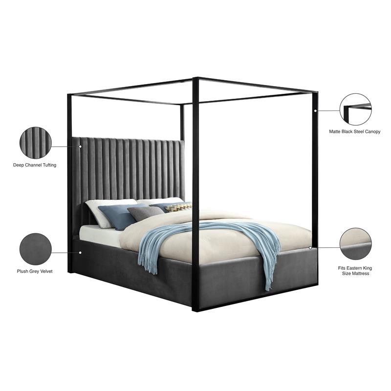 Meridian Furniture Jax Solid Wood and Velvet King Bed in Gray