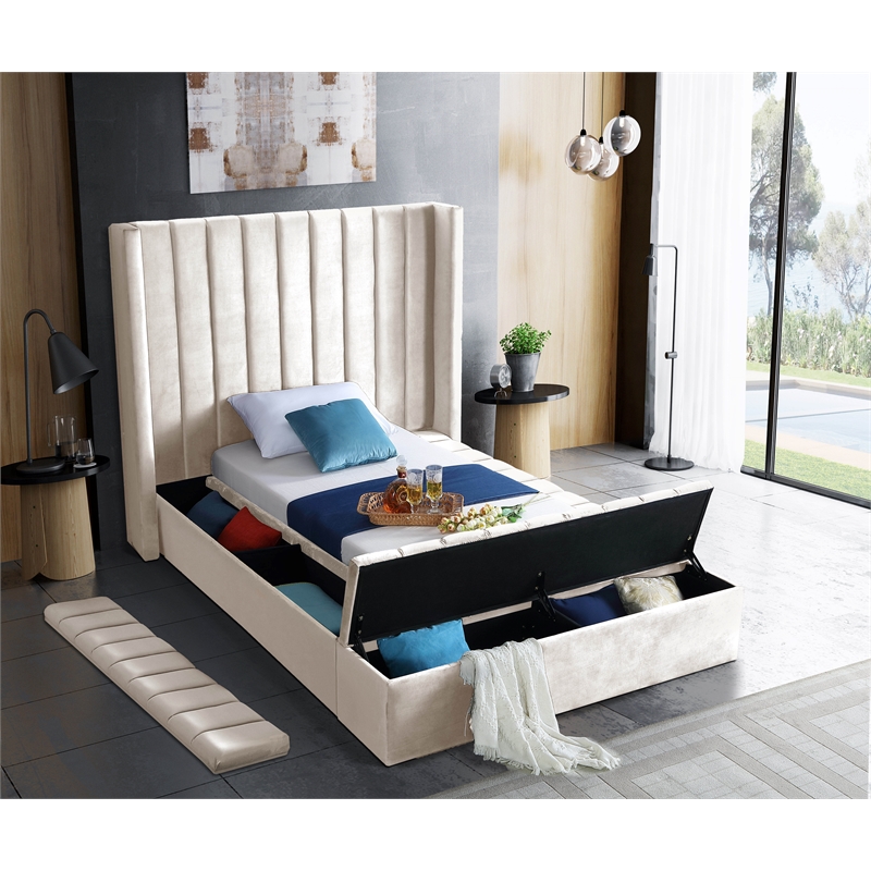 Meridian Furniture Kiki Solid Wood and Velvet Twin Bed in Cream