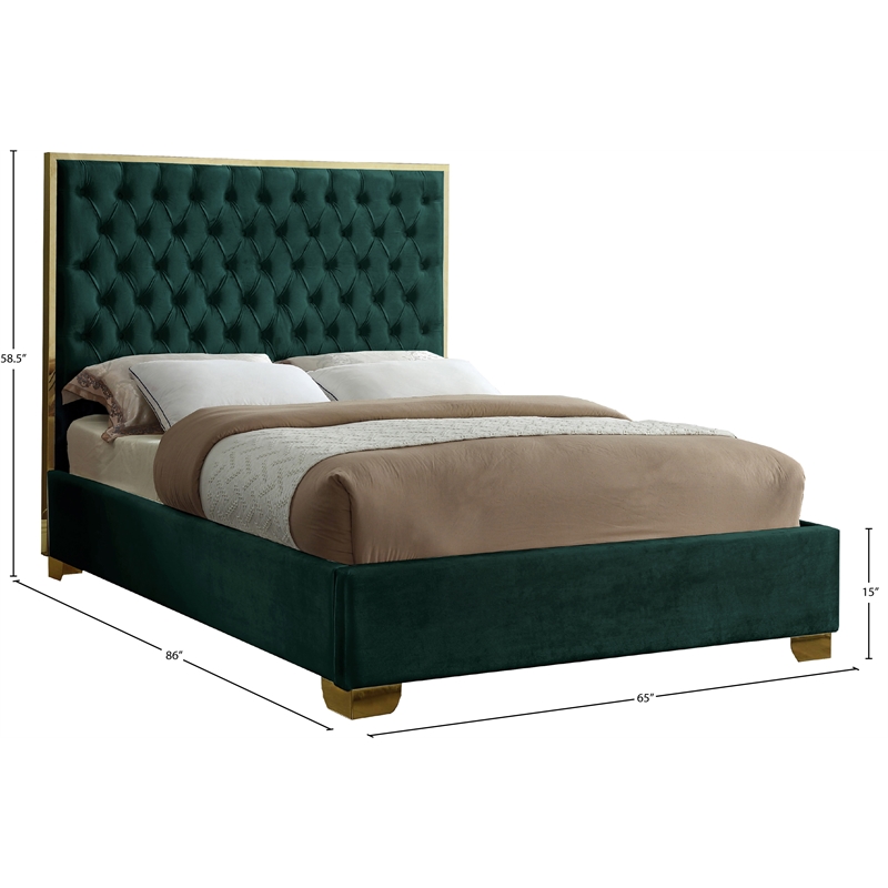 Meridian Furniture Lana Solid Wood and Velvet Queen Bed in Green