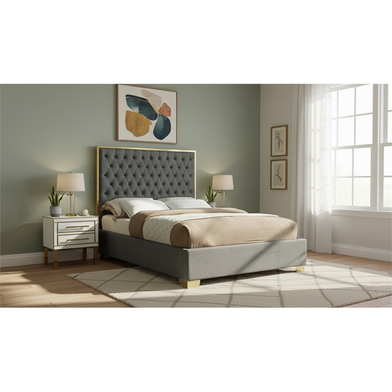 Meridian Furniture Lana Solid Wood and Velvet Full Bed in Gray