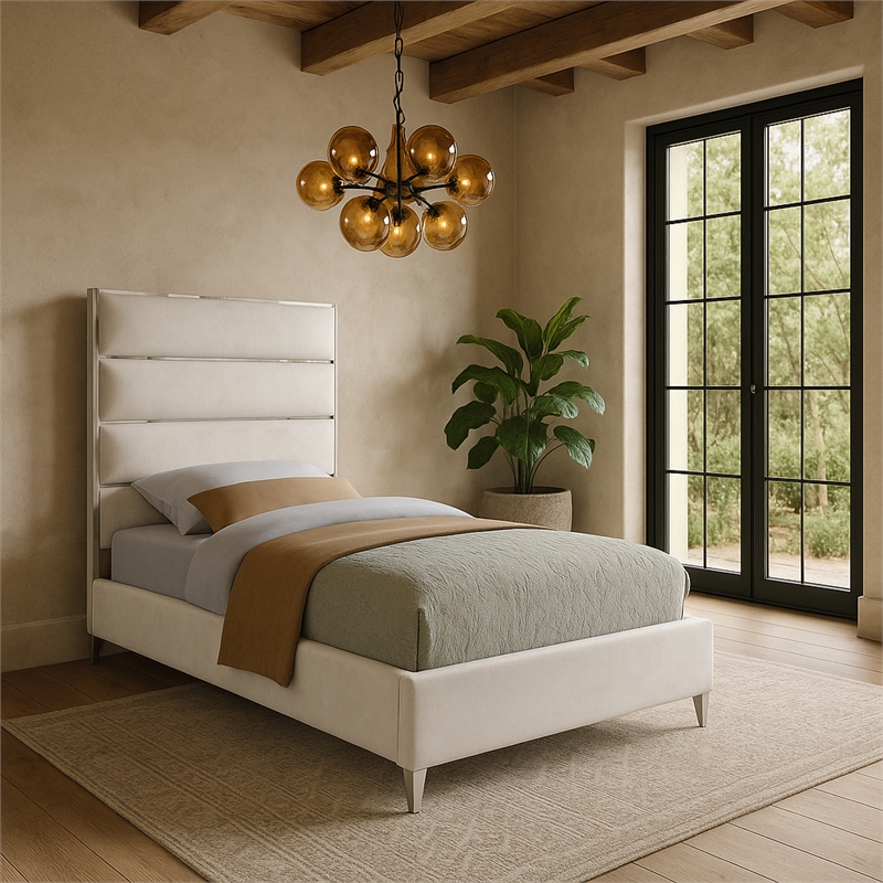 Meridian Furniture Zuma Solid Wood and Rich Velvet Twin Bed in White