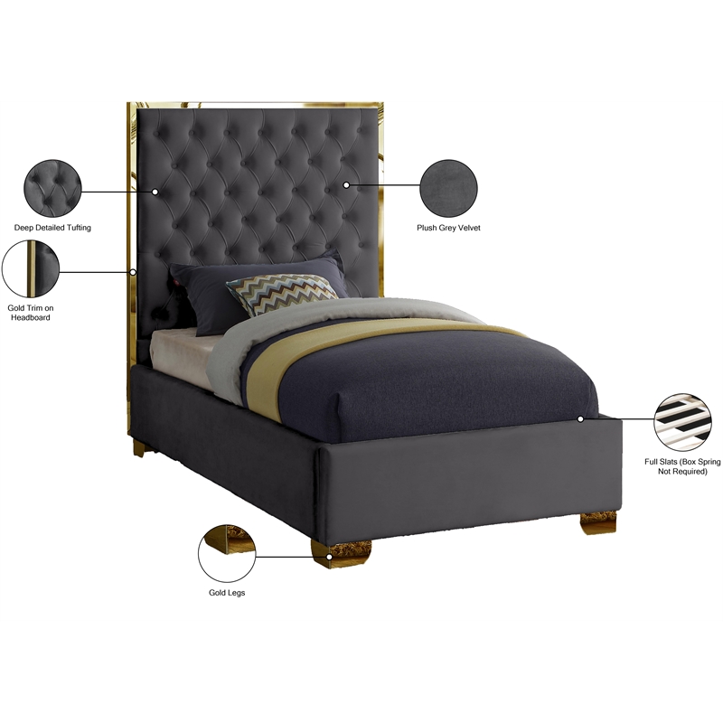 Meridian Furniture Lana Solid Wood and Velvet Twin Bed in Gray
