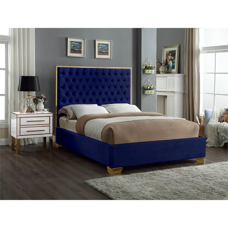 Meridian Furniture Lana Solid Wood and Velvet Full Bed in Navy
