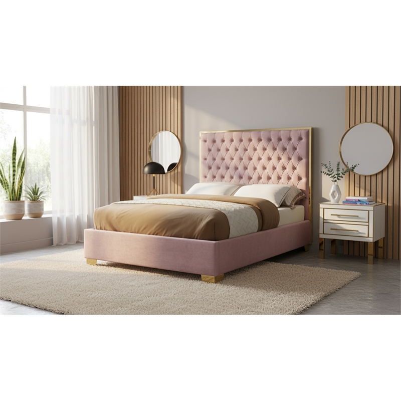 Meridian Furniture Lana Solid Wood and Velvet Full Bed in Pink