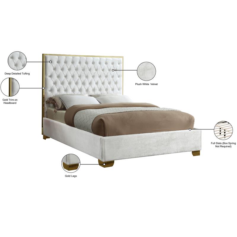 Meridian Furniture Lana Solid Wood and Velvet Queen Bed in White