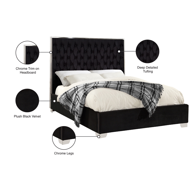 Meridian Furniture Lexi Solid Wood and Velvet Full Bed in Black