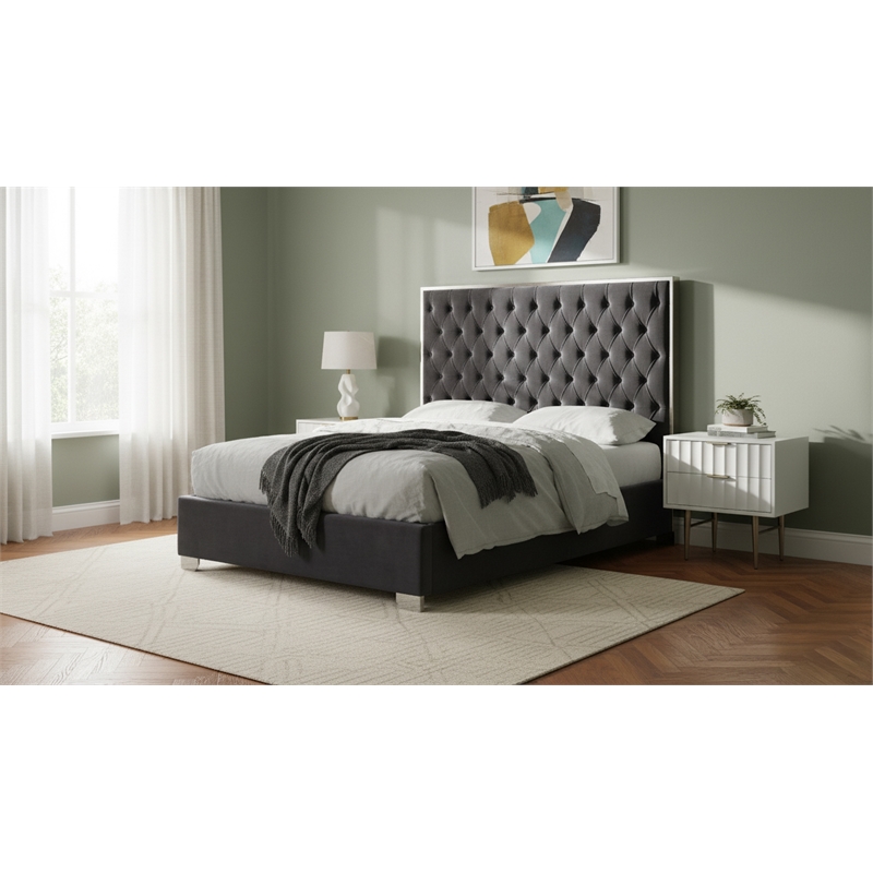Meridian Furniture Lexi Solid Wood and Velvet Full Bed in Gray