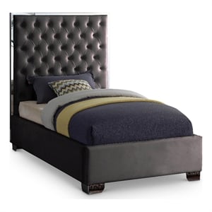 Meridian Furniture Lexi Solid Wood and Velvet Twin Bed in Gray