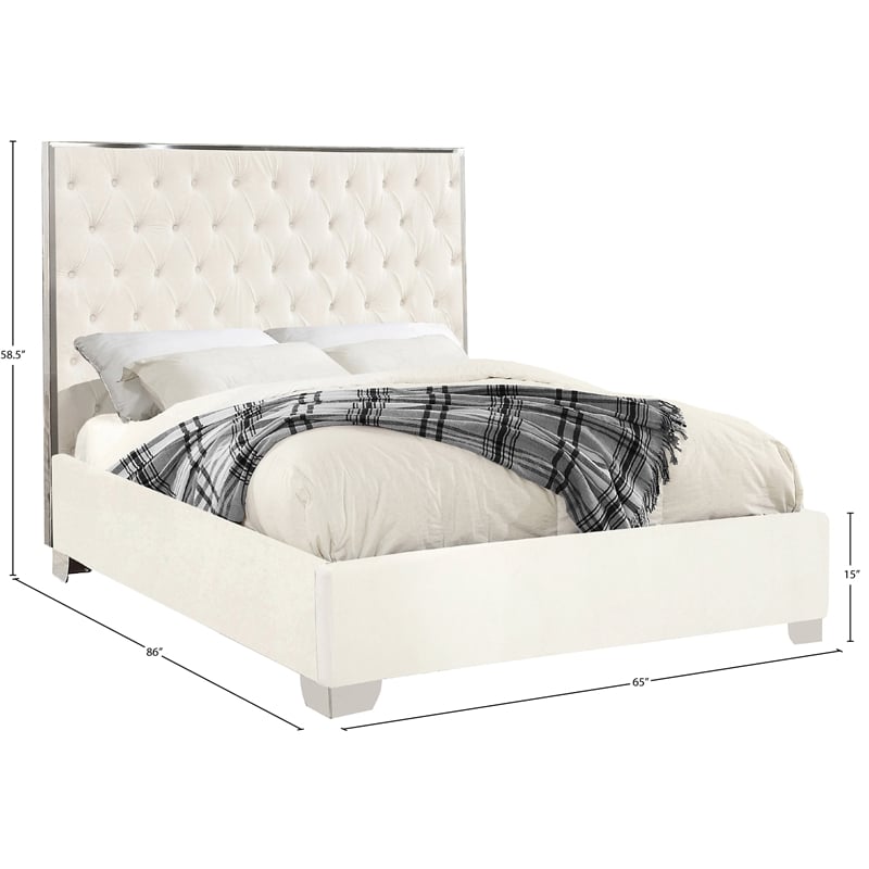 Meridian Furniture Lexi Solid Wood and Velvet Queen Bed in White