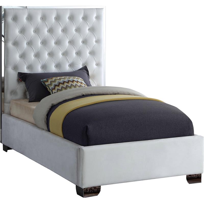 Meridian Furniture Lexi Solid Wood and Velvet Twin Bed in White