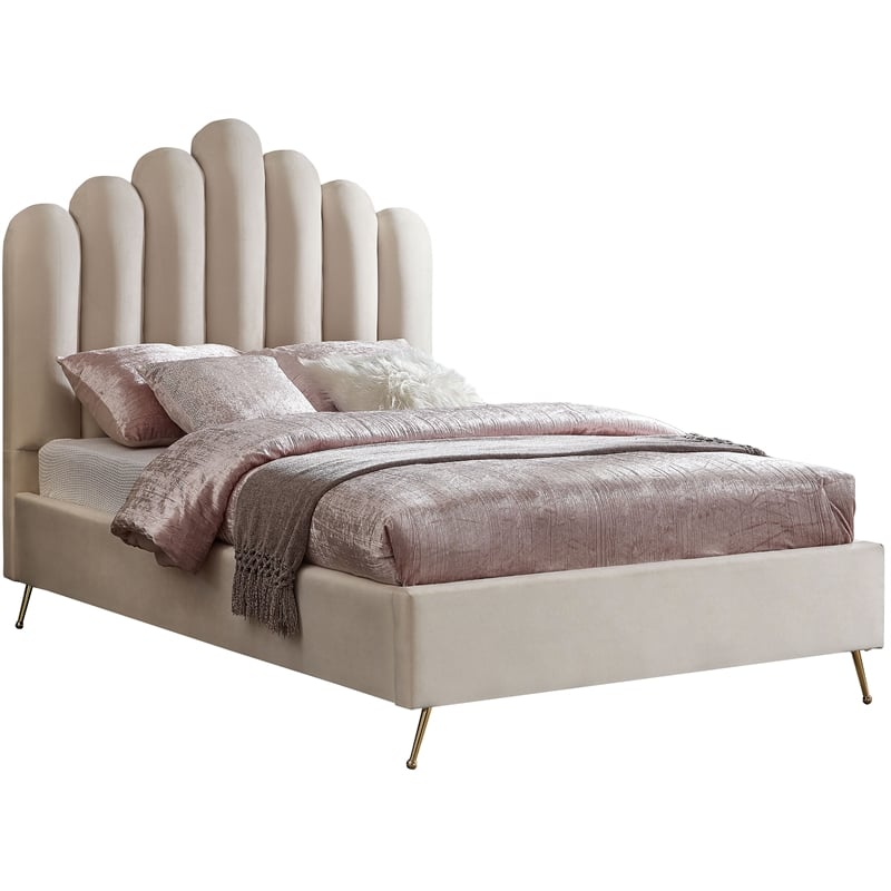 Meridian Furniture Lily Solid Wood and Tufted Velvet Full Bed in Cream