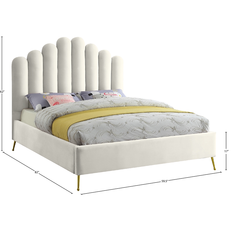 Meridian Furniture Lily Solid Wood and Tufted Velvet Full Bed in Cream