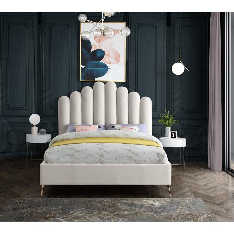 Meridian Furniture Lily Solid Wood and Tufted Velvet Queen Bed in Cream