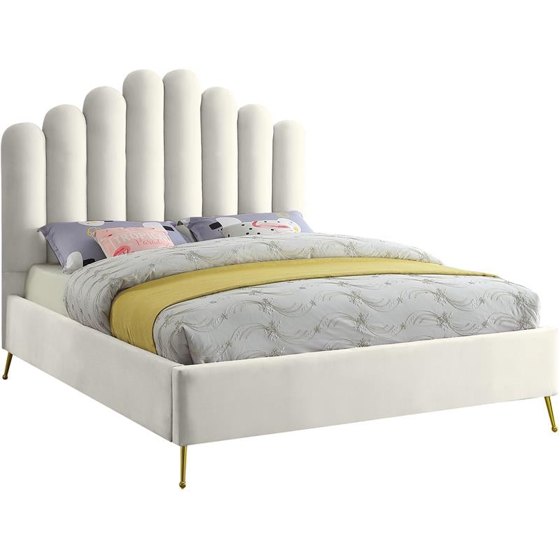 Meridian Furniture Lily Solid Wood and Tufted Velvet Queen Bed in Cream