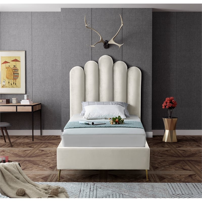 Meridian Furniture Lily Solid Wood and Tufted Velvet Twin Bed in Cream