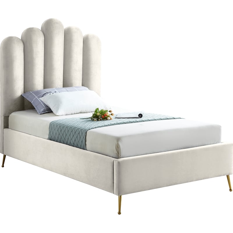 Meridian Furniture Lily Solid Wood and Tufted Velvet Twin Bed in Cream