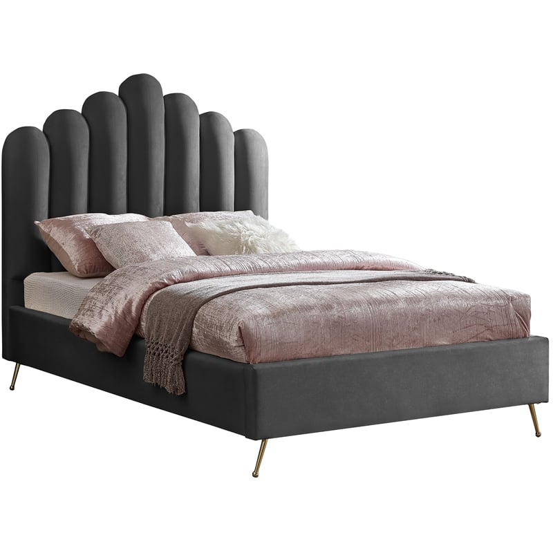 Meridian Furniture Lily Solid Wood and Tufted Velvet Full Bed in Gray
