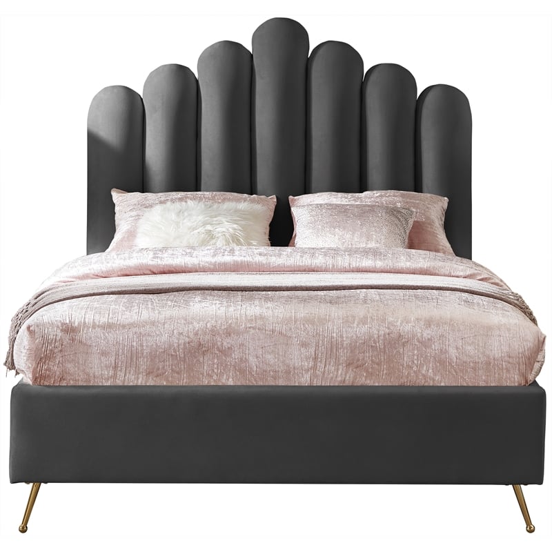 Meridian Furniture Lily Solid Wood and Tufted Velvet Full Bed in Gray
