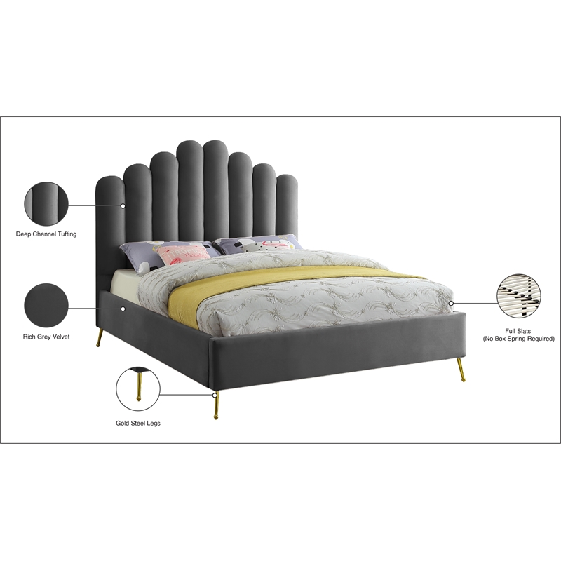 Meridian Furniture Lily Solid Wood and Tufted Velvet King Bed in Gray