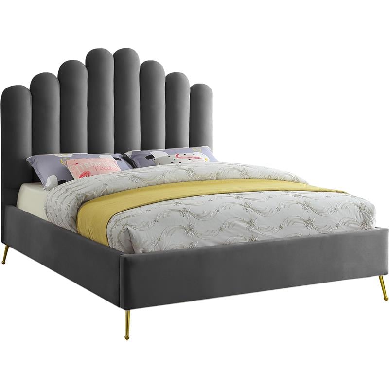 Meridian Furniture Lily Solid Wood and Tufted Velvet Queen Bed in Gray