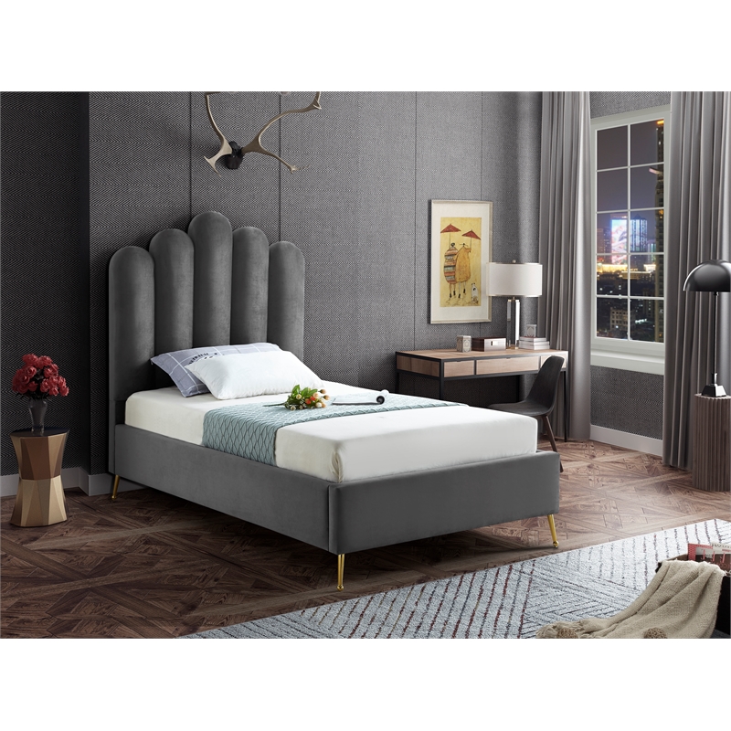 Meridian Furniture Lily Solid Wood and Tufted Velvet Twin Bed in Gray