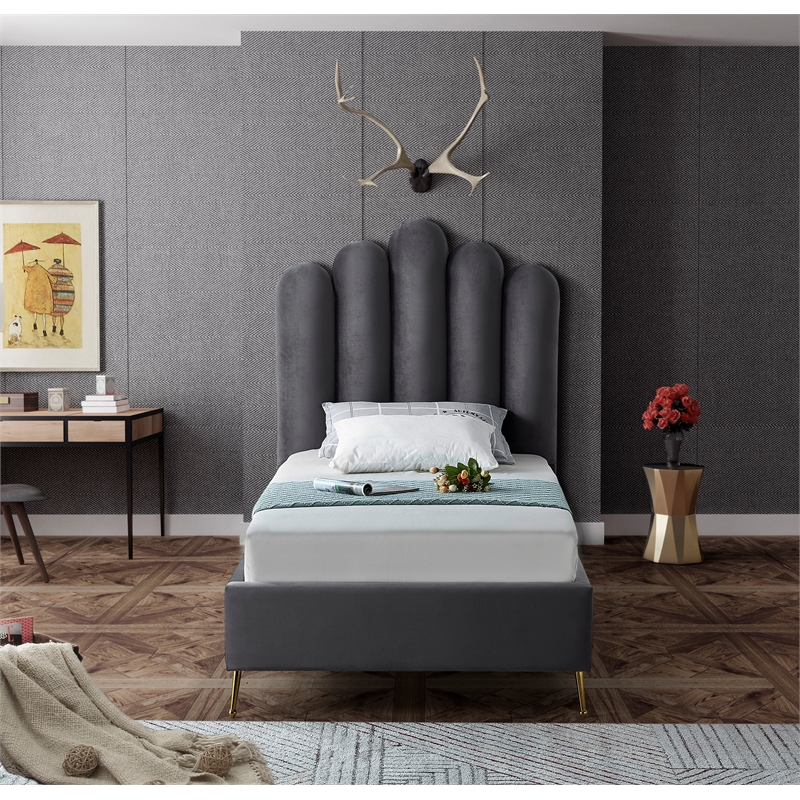 Meridian Furniture Lily Solid Wood and Tufted Velvet Twin Bed in Gray